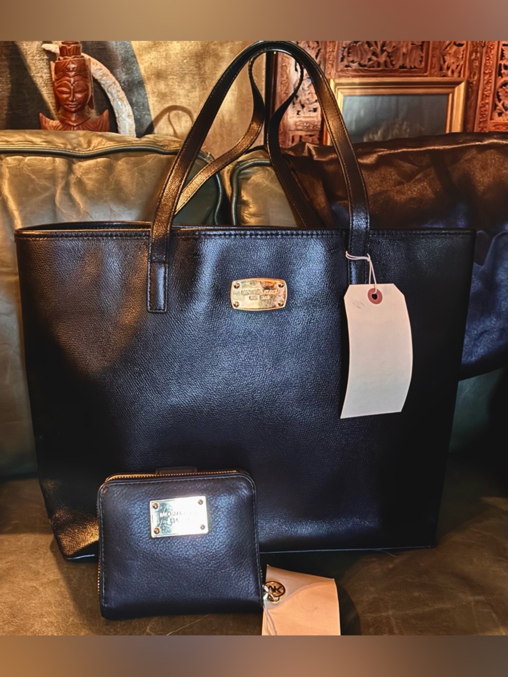 Michael Kors Black Leather Large Tote / Travel Bag with Matching Black Wallet